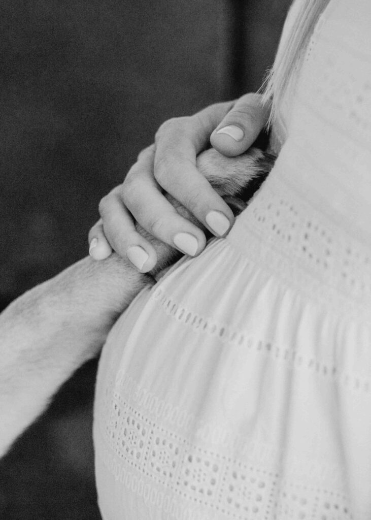 Hundepfote liegt auf Babybauch und wird von Hand gehalten.
